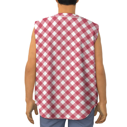 Cardinal Red And White Gingham Print Sleeveless Baseball Jersey