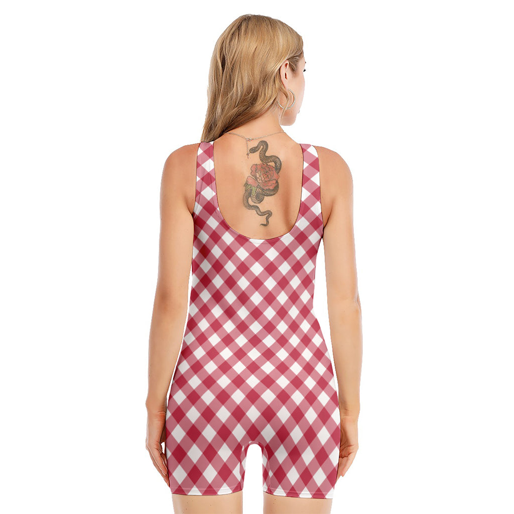 Cardinal Red And White Gingham Print Sleeveless One Piece Swimsuit