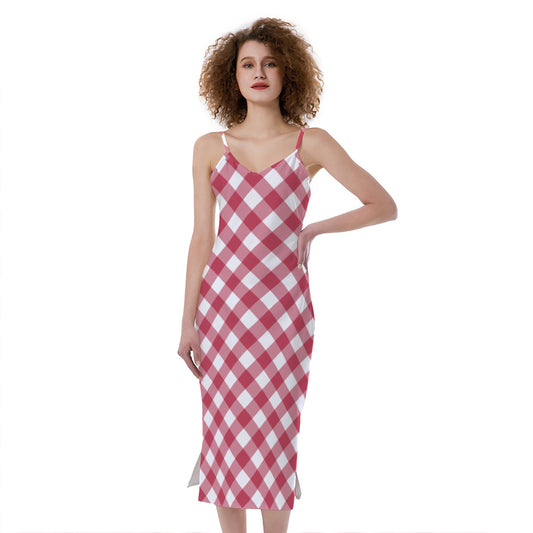 Cardinal Red And White Gingham Print Slim Fit Midi Cami Dress