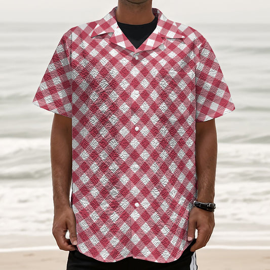 Cardinal Red And White Gingham Print Textured Short Sleeve Shirt