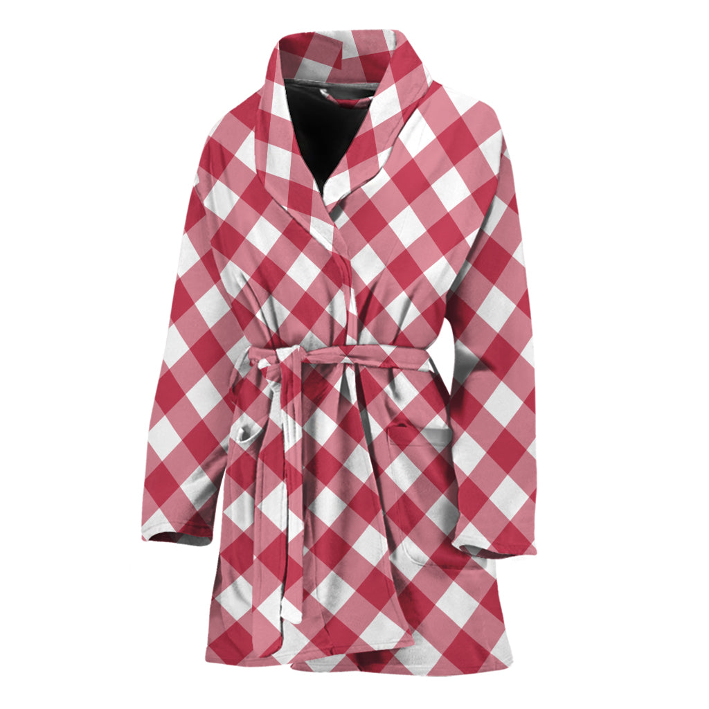Cardinal Red And White Gingham Print Women's Bathrobe