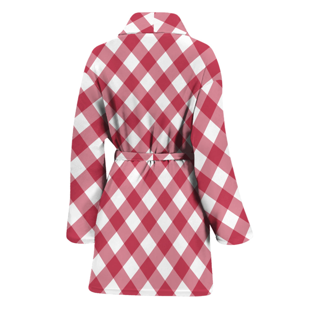 Cardinal Red And White Gingham Print Women's Bathrobe