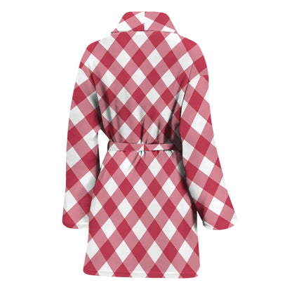 Cardinal Red And White Gingham Print Women's Bathrobe