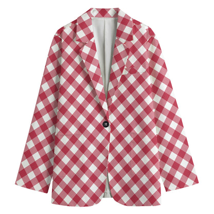 Cardinal Red And White Gingham Print Women's Blazer