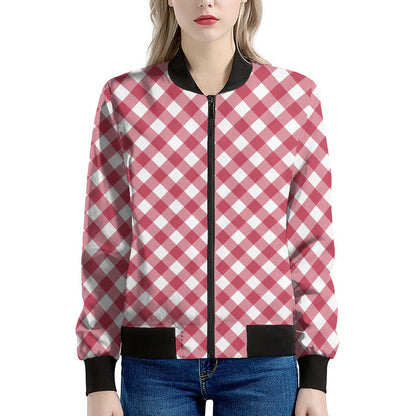 Cardinal Red And White Gingham Print Women's Bomber Jacket