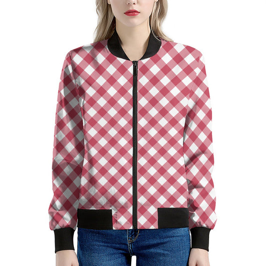 Cardinal Red And White Gingham Print Women's Bomber Jacket