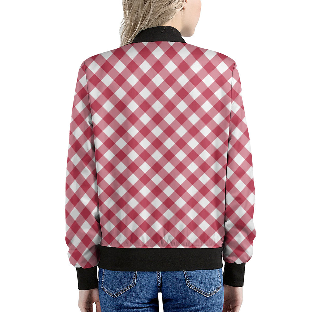Cardinal Red And White Gingham Print Women's Bomber Jacket
