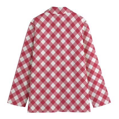 Cardinal Red And White Gingham Print Women's Cotton Blazer