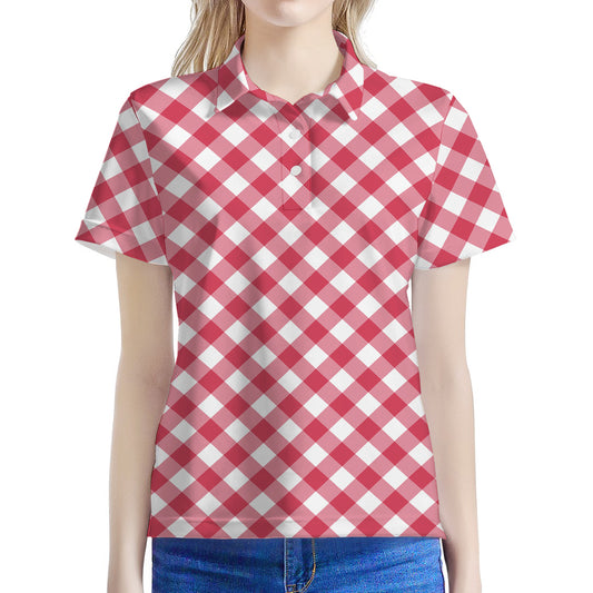 Cardinal Red And White Gingham Print Women's Polo Shirt