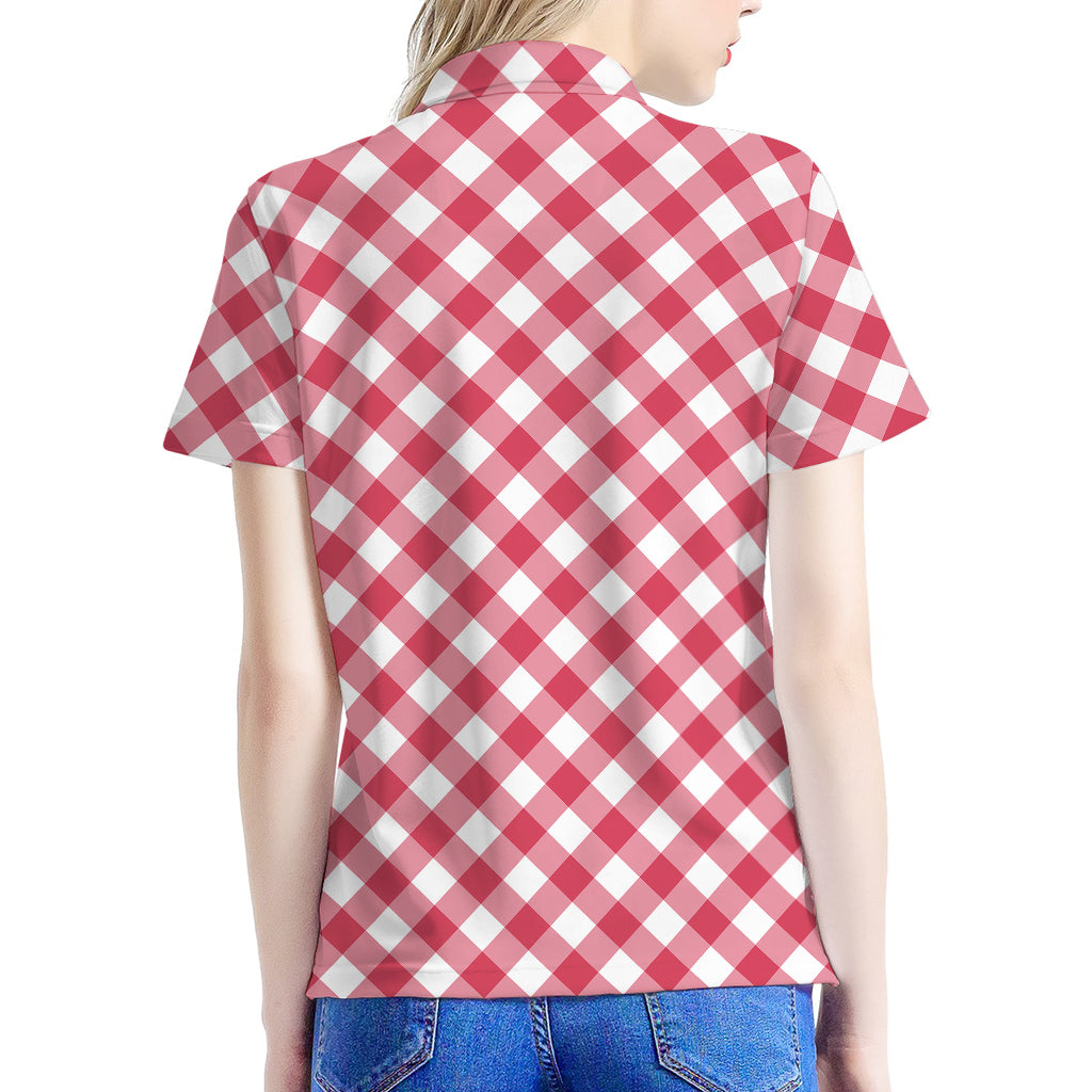 Cardinal Red And White Gingham Print Women's Polo Shirt