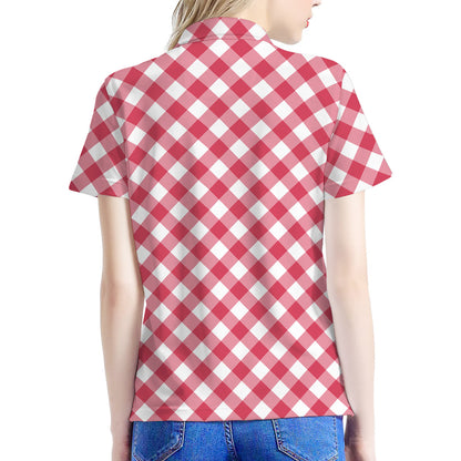 Cardinal Red And White Gingham Print Women's Polo Shirt