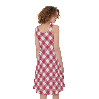 Cardinal Red And White Gingham Print Women's Sleeveless Dress