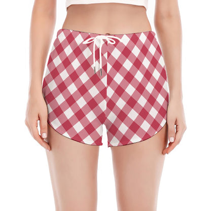 Cardinal Red And White Gingham Print Women's Split Running Shorts