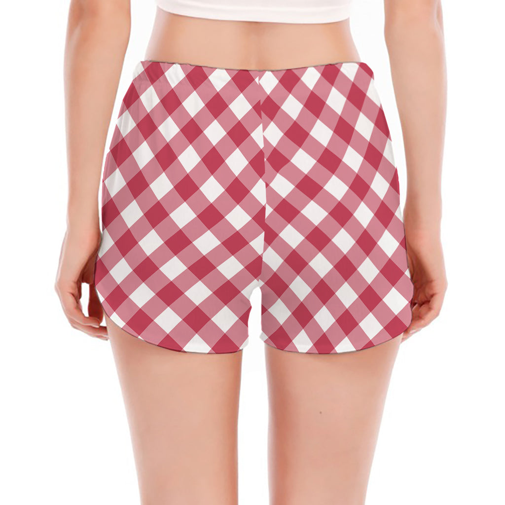 Cardinal Red And White Gingham Print Women's Split Running Shorts