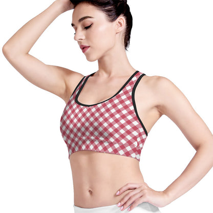 Cardinal Red And White Gingham Print Women's Sports Bra