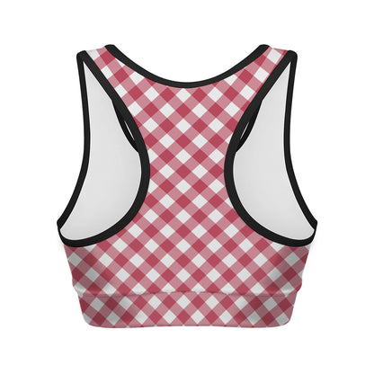 Cardinal Red And White Gingham Print Women's Sports Bra