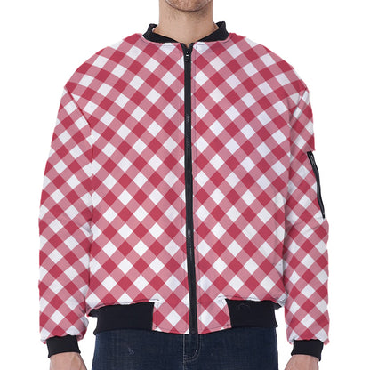 Cardinal Red And White Gingham Print Zip Sleeve Bomber Jacket