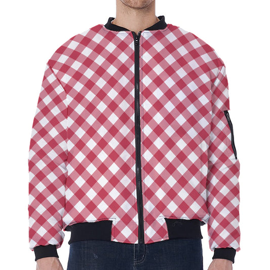 Cardinal Red And White Gingham Print Zip Sleeve Bomber Jacket