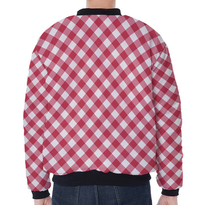 Cardinal Red And White Gingham Print Zip Sleeve Bomber Jacket