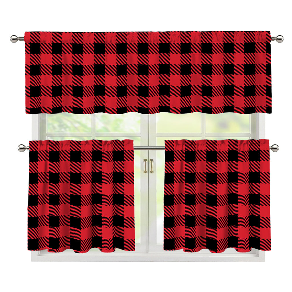 Cardinal Red Buffalo Check Pattern Print 3 Piece Kitchen Curtains