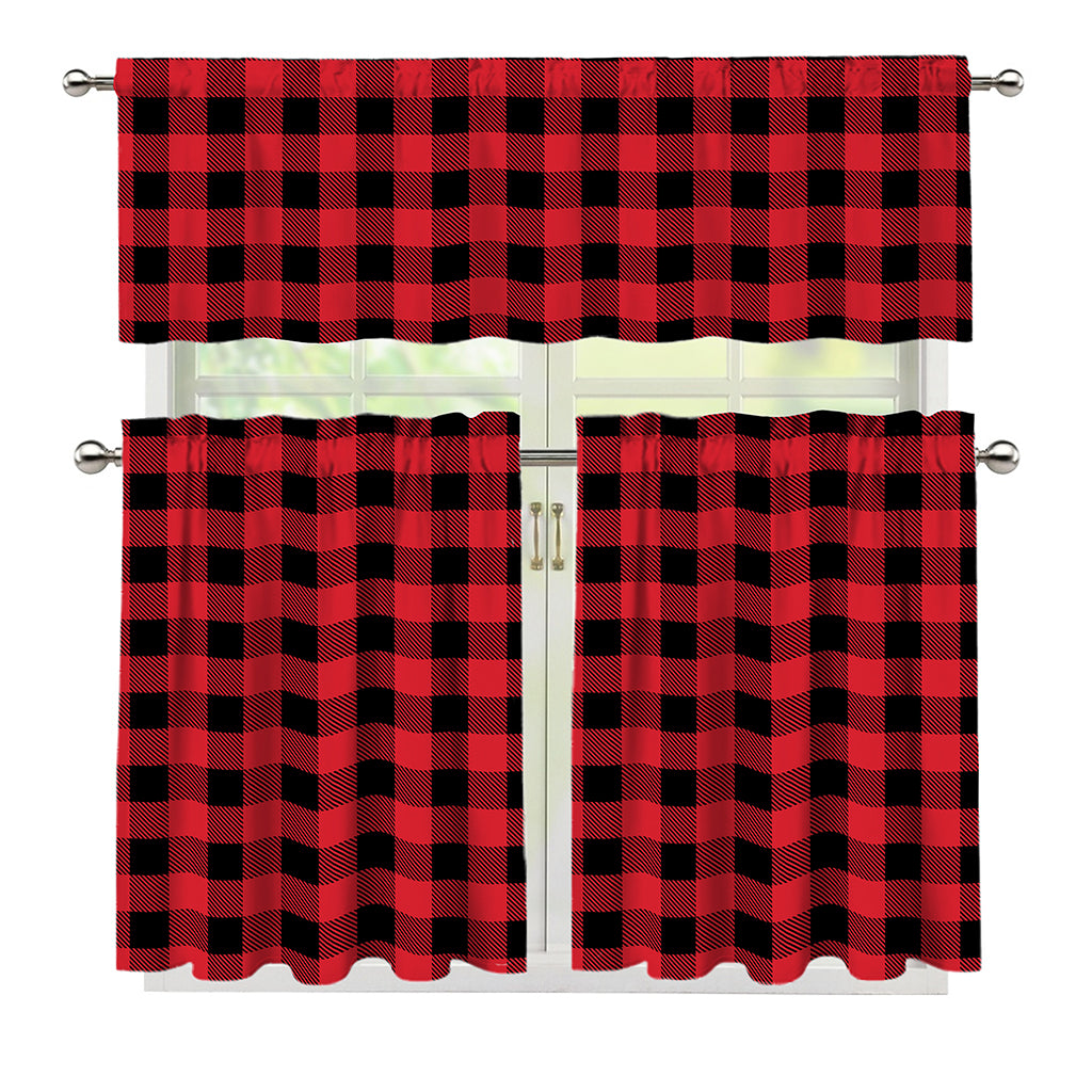 Cardinal Red Buffalo Check Pattern Print 3 Piece Kitchen Curtains