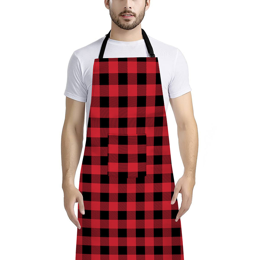 Cardinal Red Buffalo Check Pattern Print Bib Apron With Pocket