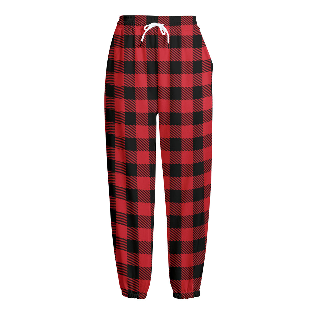 Cardinal Red Buffalo Check Pattern Print Fleece Lined Knit Pants
