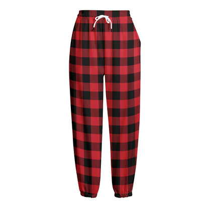Cardinal Red Buffalo Check Pattern Print Fleece Lined Knit Pants