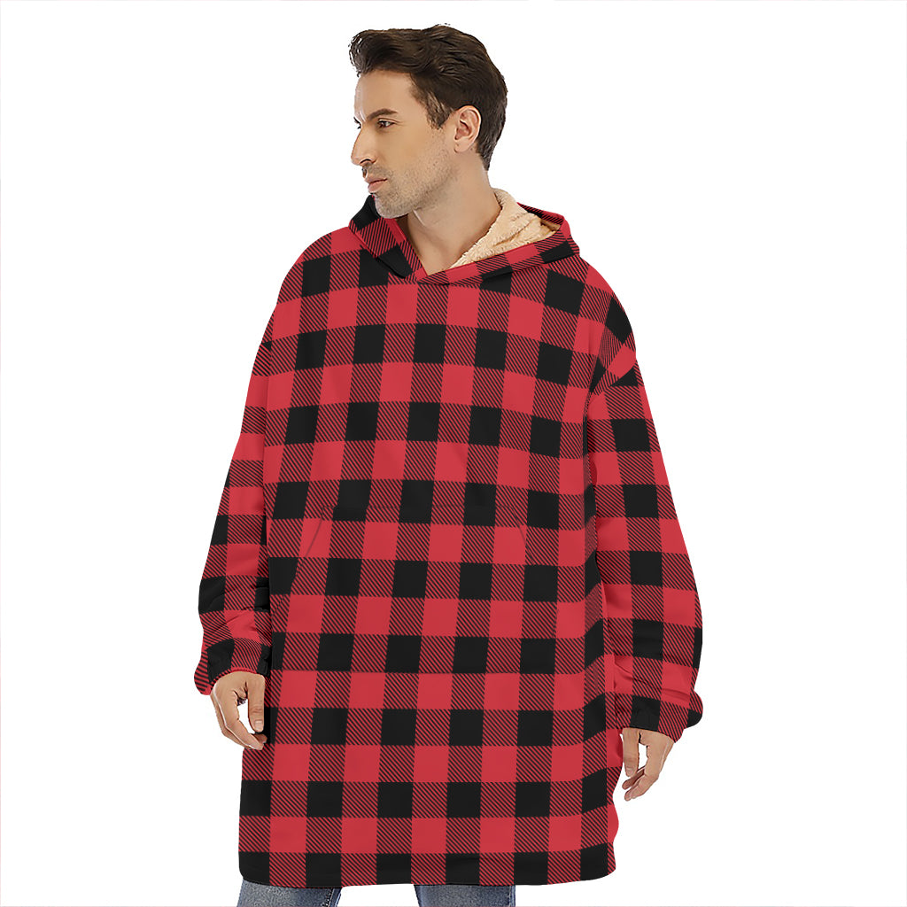 Cardinal Red Buffalo Check Pattern Print Hoodie Blanket