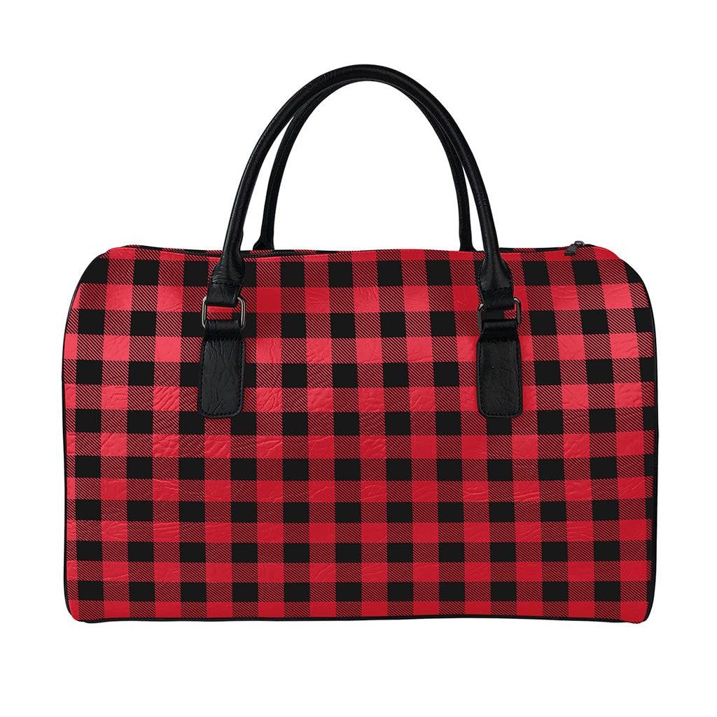 Cardinal Red Buffalo Check Pattern Print Leather Duffle Bag