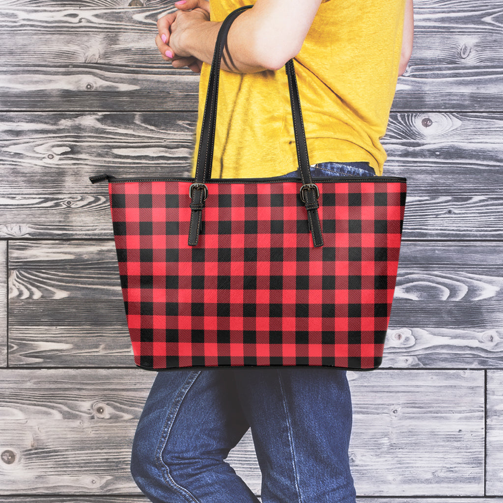 Cardinal Red Buffalo Check Pattern Print Leather Tote Bag