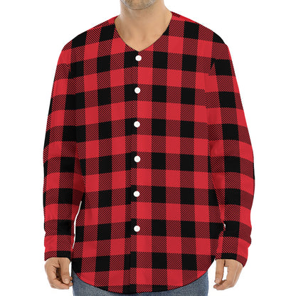Cardinal Red Buffalo Check Pattern Print Long Sleeve Baseball Jersey