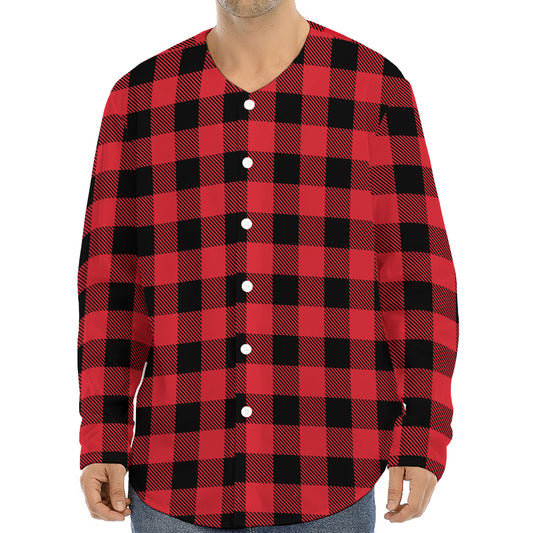 Cardinal Red Buffalo Check Pattern Print Long Sleeve Baseball Jersey