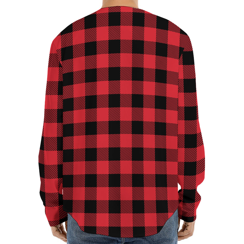 Cardinal Red Buffalo Check Pattern Print Long Sleeve Baseball Jersey