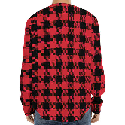 Cardinal Red Buffalo Check Pattern Print Long Sleeve Baseball Jersey