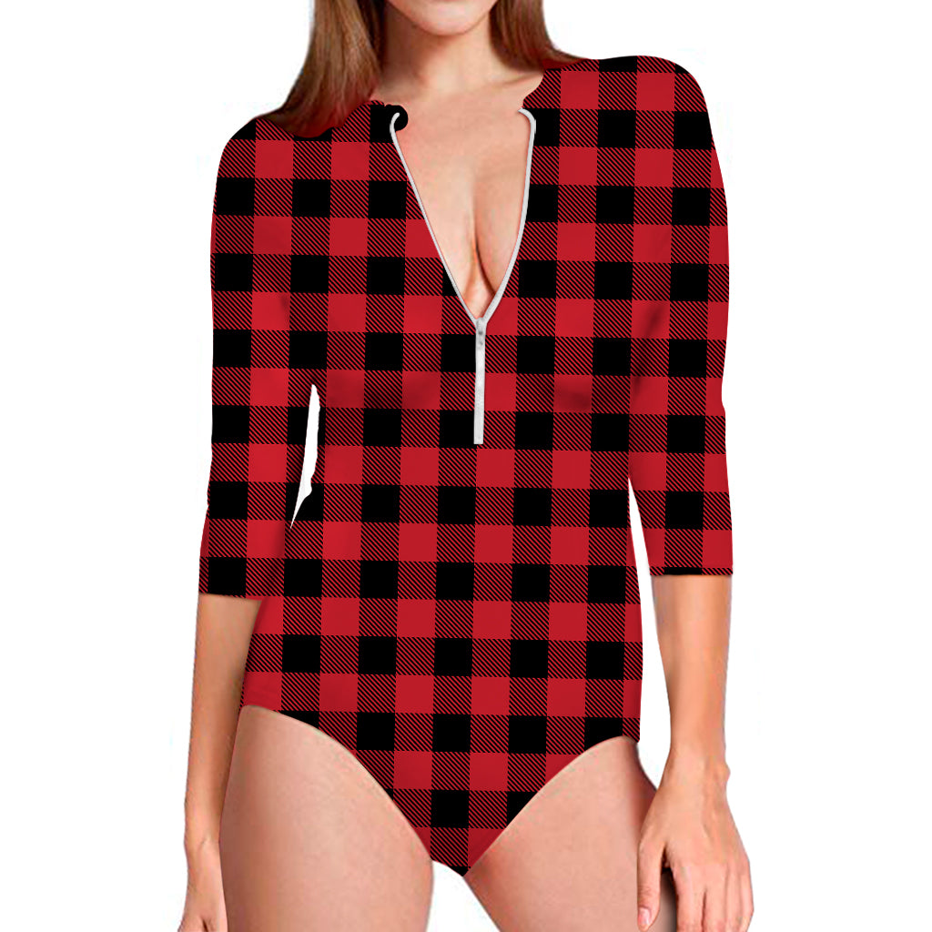 Cardinal Red Buffalo Check Pattern Print Long Sleeve Swimsuit