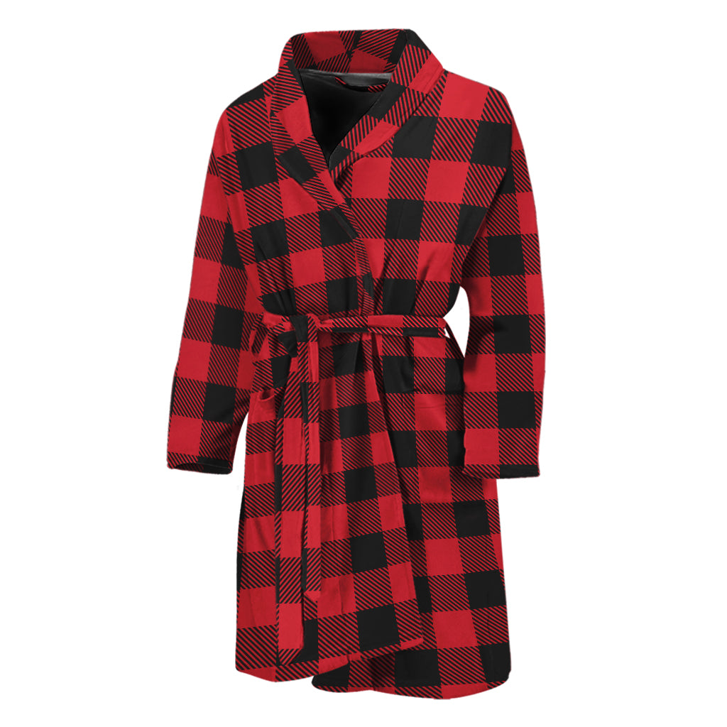 Cardinal Red Buffalo Check Pattern Print Men's Bathrobe