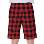 Cardinal Red Buffalo Check Pattern Print Men's Beach Shorts
