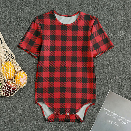 Cardinal Red Buffalo Check Pattern Print Men's Bodysuit
