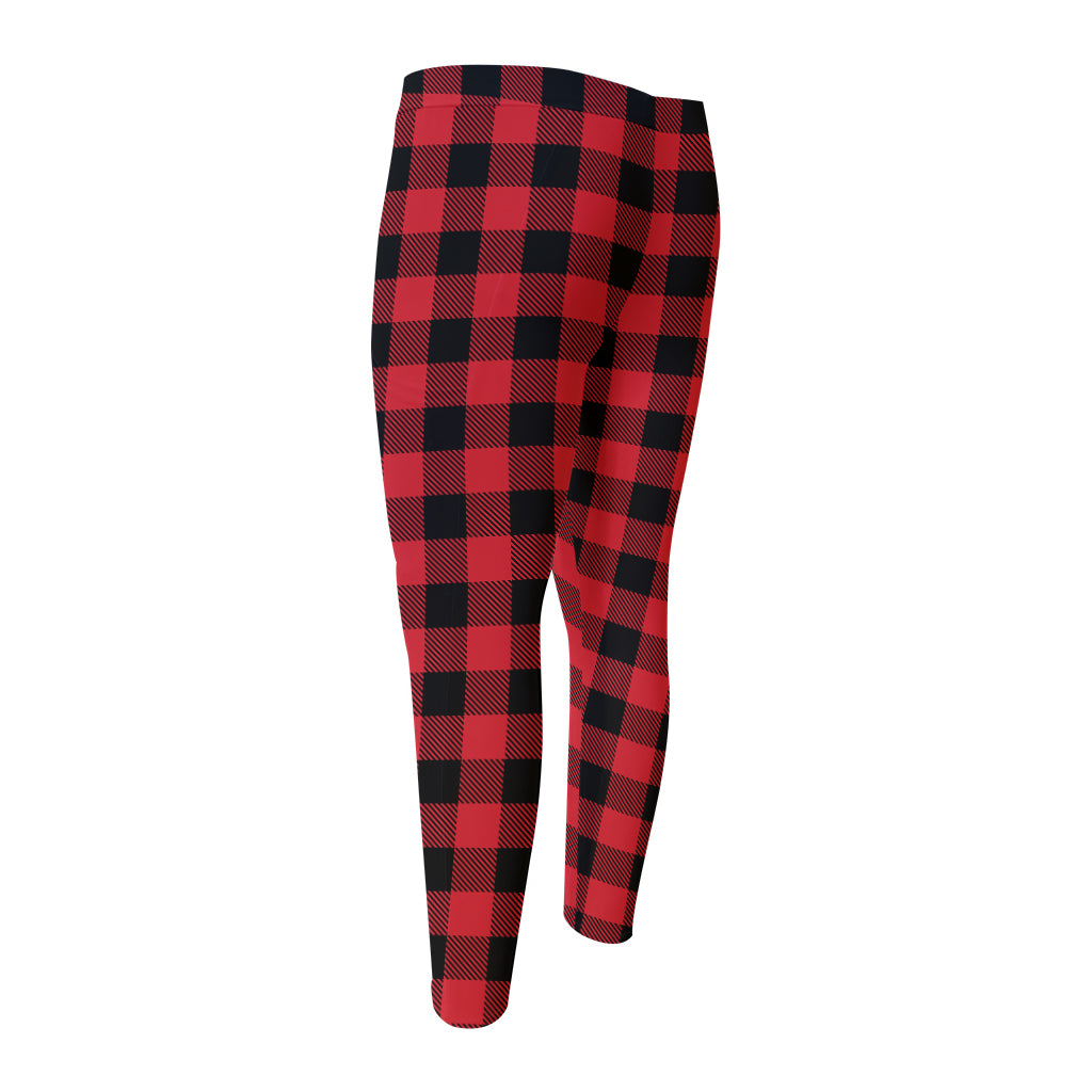 Cardinal Red Buffalo Check Pattern Print Men's Compression Pants