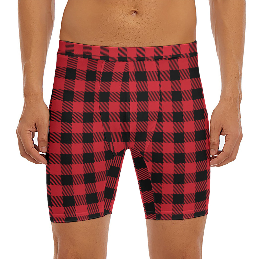 Cardinal Red Buffalo Check Pattern Print Men's Long Boxer Briefs