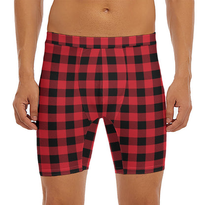 Cardinal Red Buffalo Check Pattern Print Men's Long Boxer Briefs