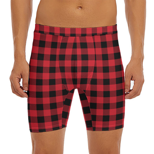 Cardinal Red Buffalo Check Pattern Print Men's Long Boxer Briefs