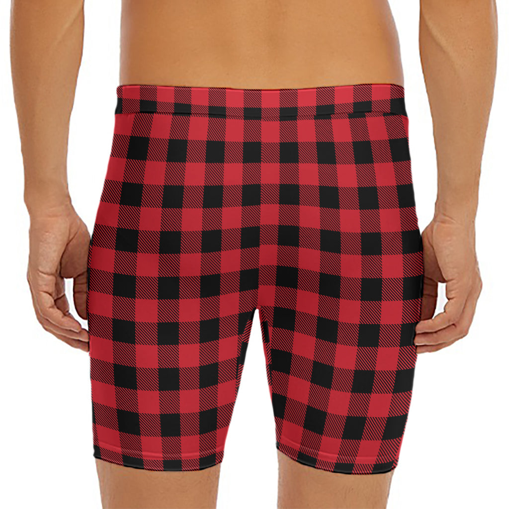 Cardinal Red Buffalo Check Pattern Print Men's Long Boxer Briefs