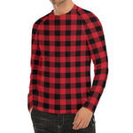 Cardinal Red Buffalo Check Pattern Print Men's Long Sleeve Rash Guard