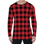 Cardinal Red Buffalo Check Pattern Print Men's Long Sleeve T-Shirt