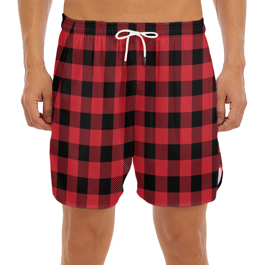 Cardinal Red Buffalo Check Pattern Print Men's Split Running Shorts