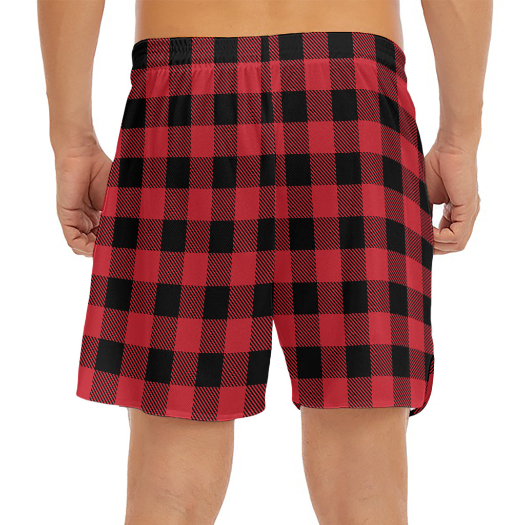 Cardinal Red Buffalo Check Pattern Print Men's Split Running Shorts
