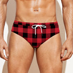 Cardinal Red Buffalo Check Pattern Print Men's Swim Briefs