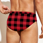 Cardinal Red Buffalo Check Pattern Print Men's Swim Briefs